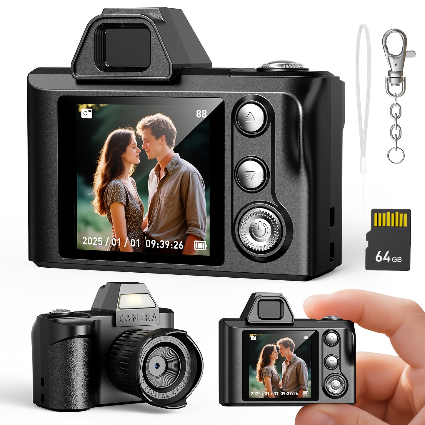 Mini Pocket Camera Retro Vintage Thumb Size with LED Flash, Multiple Filters & 64GB Memory Card – USB Rechargeable Keychain Digital Camera for Kids, Teens & Creative Photography Gifts