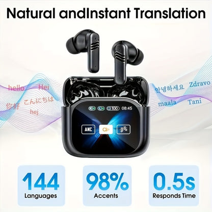 ENC Translation Earbuds Wireless 5.4 Real-Time Language Translation In-Ear Noise Cancellation Full-Color Touch Display Stereo Audio Type-C Charging Black White