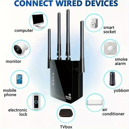 10000 Sq Ft WiFi Extender 1200Mbps 4-Mode - Dual Band 2.4GHz & 5GHz, 4 Antennas 360° Coverage, 6X Signal Boost, Penetrates Walls, 35 Devices, Repeater Access Point Router WISP, 1-Tap Setup, Black
