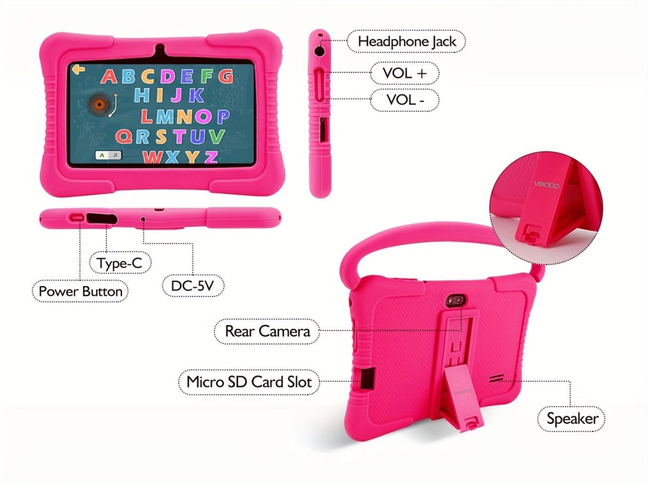 Veidoo Kids Tablet 7 Inch Eye Protection Screen 2GB RAM 32GB ROM Android WiFi Dual Camera Parental Control Educational Games Drop-Proof Silicone Cover Children Learning Tablet Pink Blue