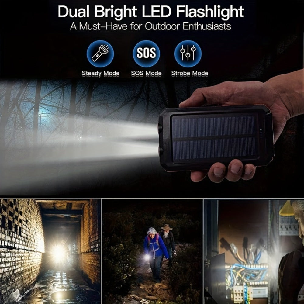 Hiking Solar Power Bank 10000mAh with Compass LED Flashlight & Carabiner Clip – Portable USB Charger for Camping Backpacking Travel Emergency Prep – Works with All Phones, Data Cable & Backpack Hook Included