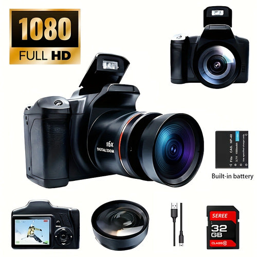 1080P Mini Digital Camera for Photography Vlogging 2.4" LCD 16x Zoom 9.88mm Wide-Angle Lens Compact Travel Camera with 32GB Memory Card Included Cool Gift