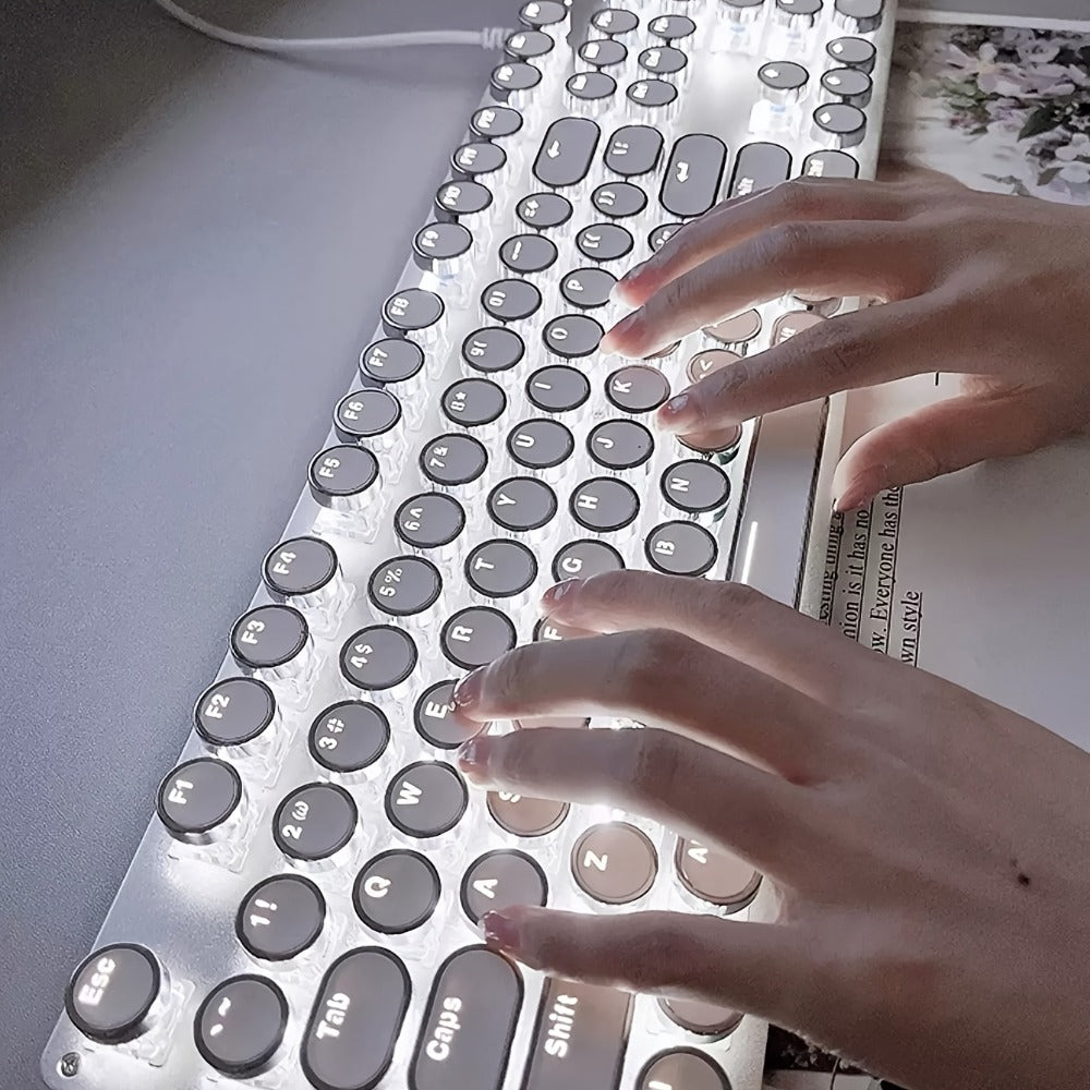 Cyberpunk Retro Typewriter Mechanical Keyboard 104 Keys Full-Size with Multi-Function Knob Backlit Round Keys Ergonomic Spill-Proof USB Wired for Desktop Laptop Windows Mac Gaming Typing