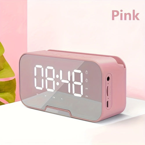 Pink Mirror Bluetooth Speaker with Wireless Microphone – LED LCD Display, FM Radio, TF Card, USB Charging, Alarm Clock, Adjustable Volume & Brightness, Birthday & Easter Gift for Girls