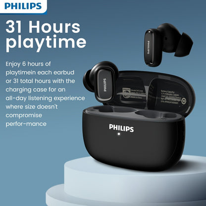 Philips TAT2569 Active Noise Reduction Wireless Earbuds, Dual Beamforming Mics 18H Playtime Bluetooth 5.4, Touch Control Secure Sport Fit Type-C Charging, Compatible with iPhone Android, Gift for Men Women