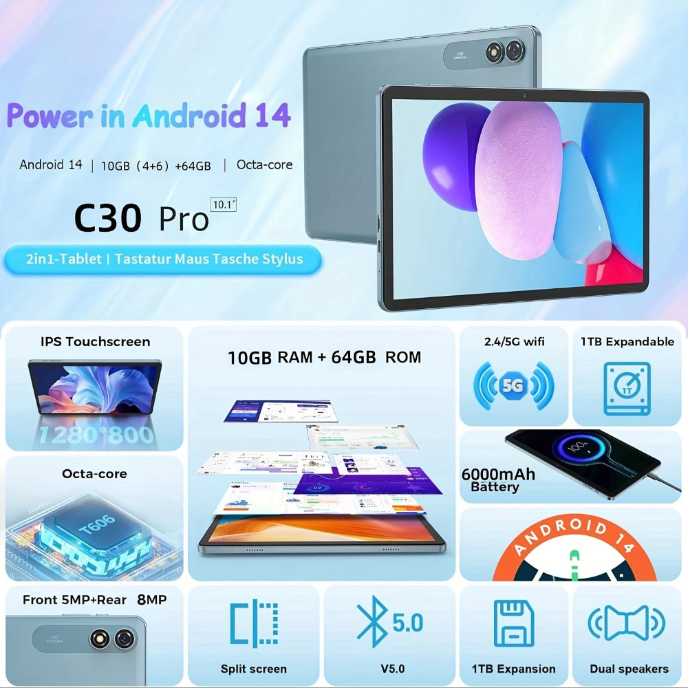 Android 14 Tablet with Keyboard and Stylus – 10 Inch Octa-Core, 10GB RAM, 64GB ROM, 1TB Expandable Storage, 5G Dual-Band WiFi, 5MP+8MP Camera, Complete Bundle with Case, Perfect Gift for Work & School