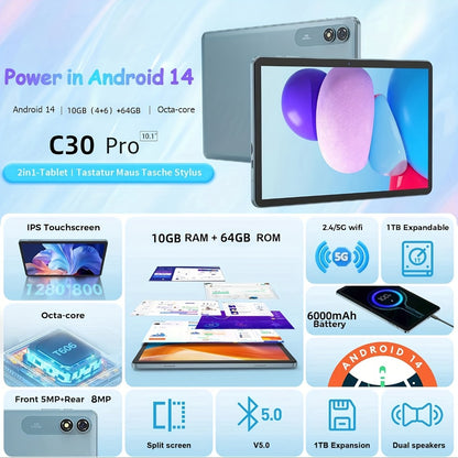 Android 14 Tablet with Keyboard and Stylus – 10 Inch Octa-Core, 10GB RAM, 64GB ROM, 1TB Expandable Storage, 5G Dual-Band WiFi, 5MP+8MP Camera, Complete Bundle with Case, Perfect Gift for Work & School