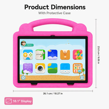 Kids Tablet 10.1 Inch Android 15 – 12GB RAM 64GB ROM Expandable 1TB, 6000mAh Battery, WiFi 6, 1280x800 IPS HD Screen, Dual Camera, Parental Controls, Pre-installed Games, Protective Case Included