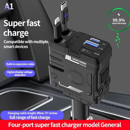 Dual Retractable Cable Car Charger 4-in-1 with Lightning & Type-C 31in, 2 USB-A Ports & Voltage Supervision – Tangle-Free Fast Car Phone Charger for iPhone Samsung Android, Multi Port Car Charging Adapter 4 Colors