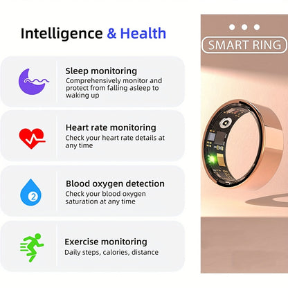 Health Monitoring Smart Ring with Heart Rate HRV Sleep Tracking, Steps Calories Body Temp & Menstrual Cycle – Bluetooth 5.3, iOS & Android, Sizes #7-#13, Rose Gold Black Silver