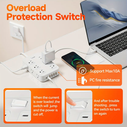 12-Outlet Surge Protector Power Strip with One-Touch Master Switch 18-in-1 with 12 Spacious AC Outlets 4 USB-A 2 USB-C Ports Safe Portable Charging Station for Home Dorm Office Travel – Black & White
