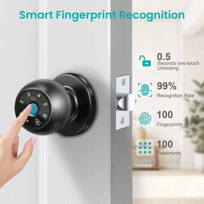 Biometric Handle Lock 5-in-1 Keyless Entry with Fingerprint, App, IC Card, Password & Backup Key – Silent Mode, Anti-Peep Keypad, Electronic Smart Door Handle for Bedroom Apartment Interior Door