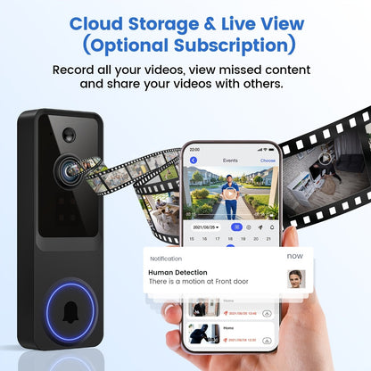 166° Ultra Wide Angle Smart Doorbell Camera 2K HD Wireless WiFi – AI Human Detection, Two-Way Audio, Night Vision, Cloud Storage, Rechargeable Battery, 2.4GHz, Black Linen Purple