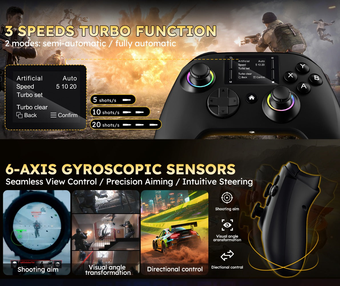 Wireless Gaming Controller Touchscreen PC PS4 Switch Android iOS - 4 Programmable Buttons Rapid Fire 6-Axis Gyroscope Dual Vibration RGB Lighting Bluetooth Gamepad for All Platforms