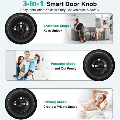 K10 Rechargeable Smart Door Knob with Fingerprint & App Control - 3-in-1 Keyless Entry, Entrance/Passage/Privacy Mode, Built-In Lithium Battery, No Battery Replacement, Matte Black & Brushed Nickel