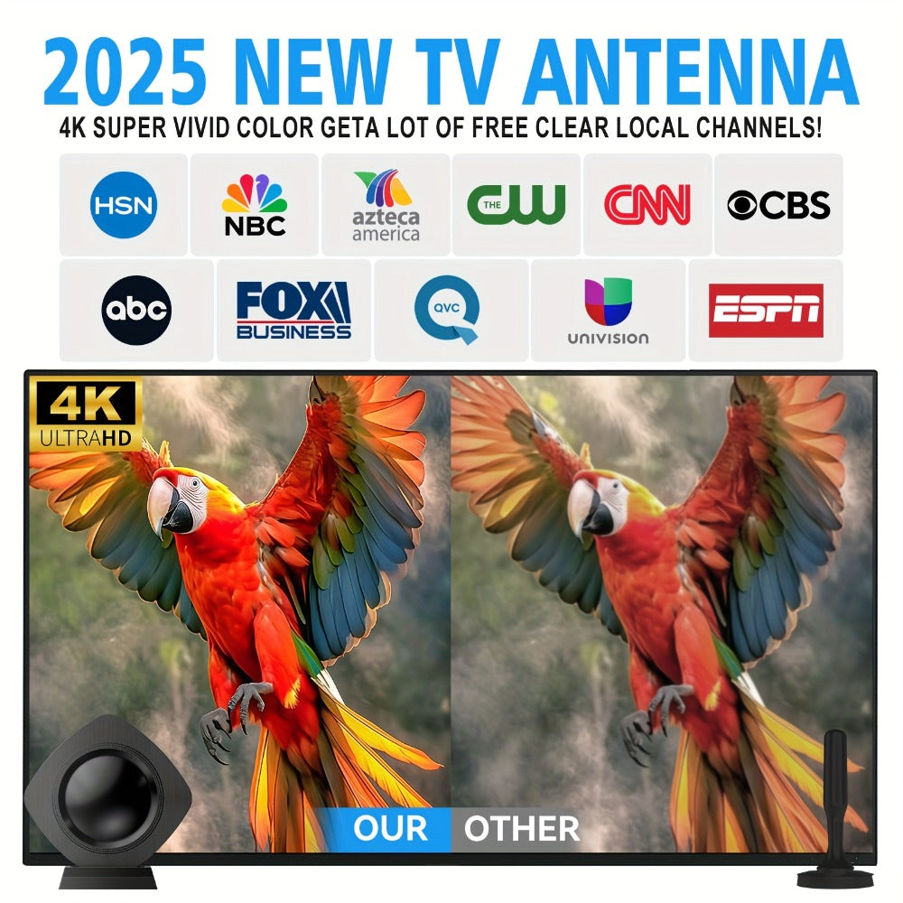 360° Omnidirectional Indoor TV Antenna 200 Mile Range – Amplified Digital HDTV, Ultra-Thin Flat Design, 4K 1080p HD, Smart TV RV Travel Compatible, Long Coaxial Cable Included