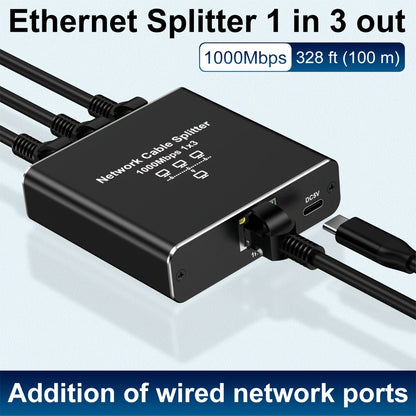 Gigabit Ethernet Splitter 1 to 3 – 1000Mbps PoE Network Splitter, 1 In 3 Out RJ45 Adapter for PC, Laptop, Router, TV, Starlink | Cat5/5e/6/7/8 Compatible, USB Powered, No Config Needed