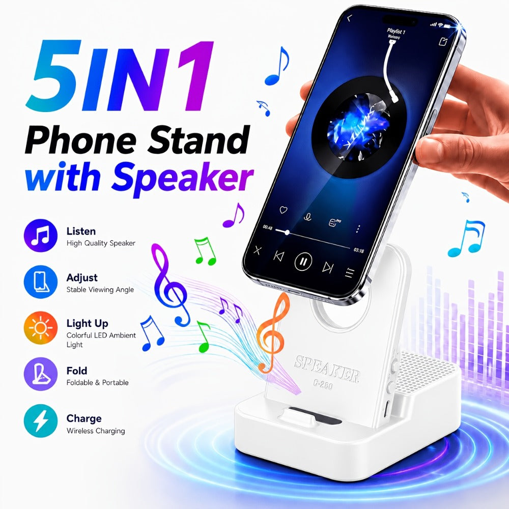 Magnetic Wireless Speaker Stand with Emergency Charging – 360° Adjustable Foldable Phone Holder, Portable Bluetooth Speaker, Compatible with iPhone & Android, for Home, Travel & Office