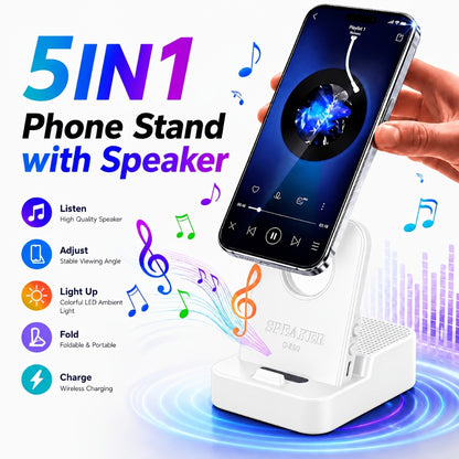 Magnetic Wireless Speaker Stand with Emergency Charging – 360° Adjustable Foldable Phone Holder, Portable Bluetooth Speaker, Compatible with iPhone & Android, for Home, Travel & Office