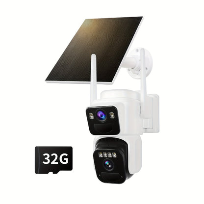 Dual Lens Solar Security Camera Outdoor Wireless WiFi Battery Powered with Color Night Vision, PIR Motion Detection, Two-Way Audio, Spotlight Alarm & 256GB TF Card Support – Wire-Free CCTV Surveillance