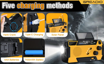 2000mAh Emergency Radio with Built-in 3-in-1 Charging Cable – AM/FM/NOAA Weather Radio, Solar Hand Crank USB Power Bank, SOS Alarm Flashlight, Winter Storm Survival Kit for Hurricane Preparedness