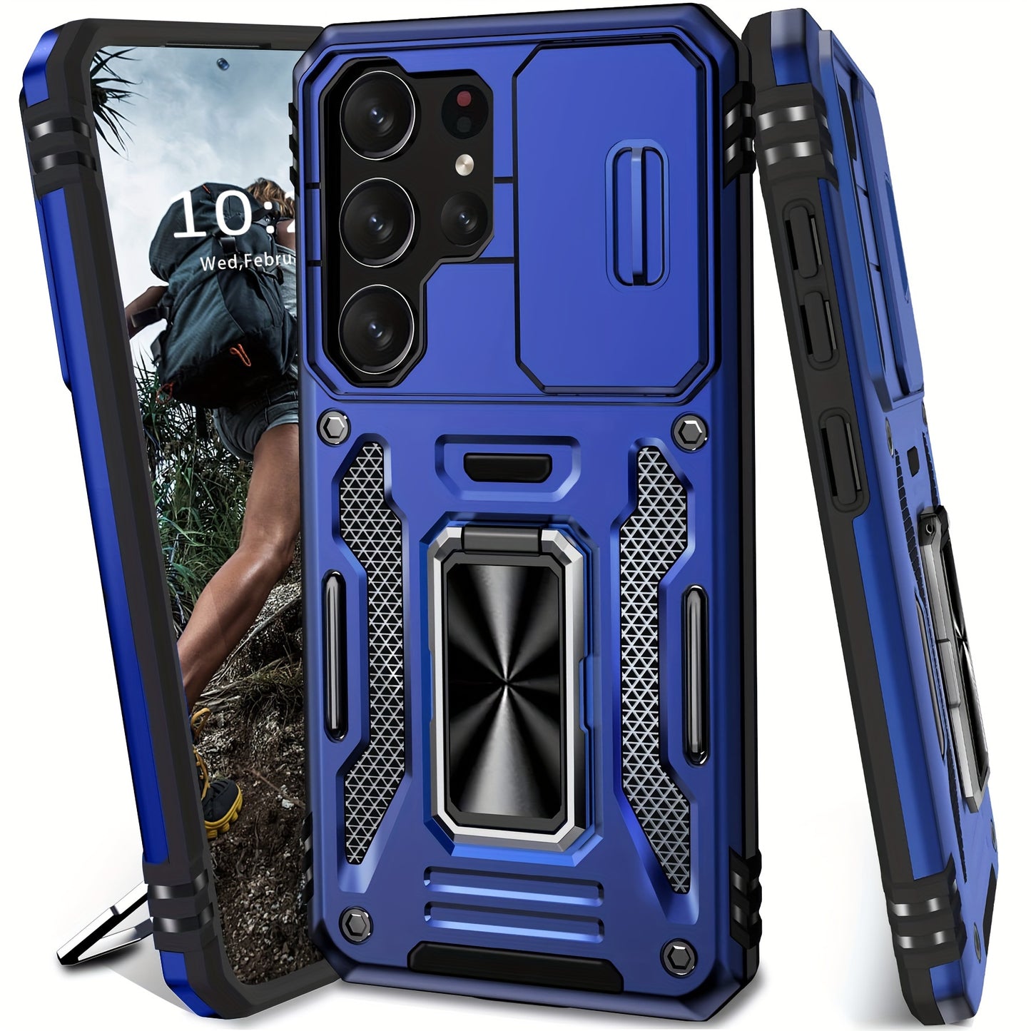 Samsung Galaxy Shockproof Magnetic Phone Case with 360° Rotating Ring Bracket & Sliding Lens Protector – Heavy Duty Cover for S24FE S23FE S22 S21FE Ultra A55 A54 A35 A34 A25 A24 A16 A15 A14 A06 A05 A05S 5G