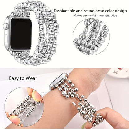 Elastic Beaded Watch Band for Apple Watch Series 1-11 SE Ultra 38mm 40mm 41mm 42mm 44mm 45mm 46mm 49mm Handcrafted No-Buckle Stretch Bracelet Replacement Strap Women Silver Rose Gold Golden