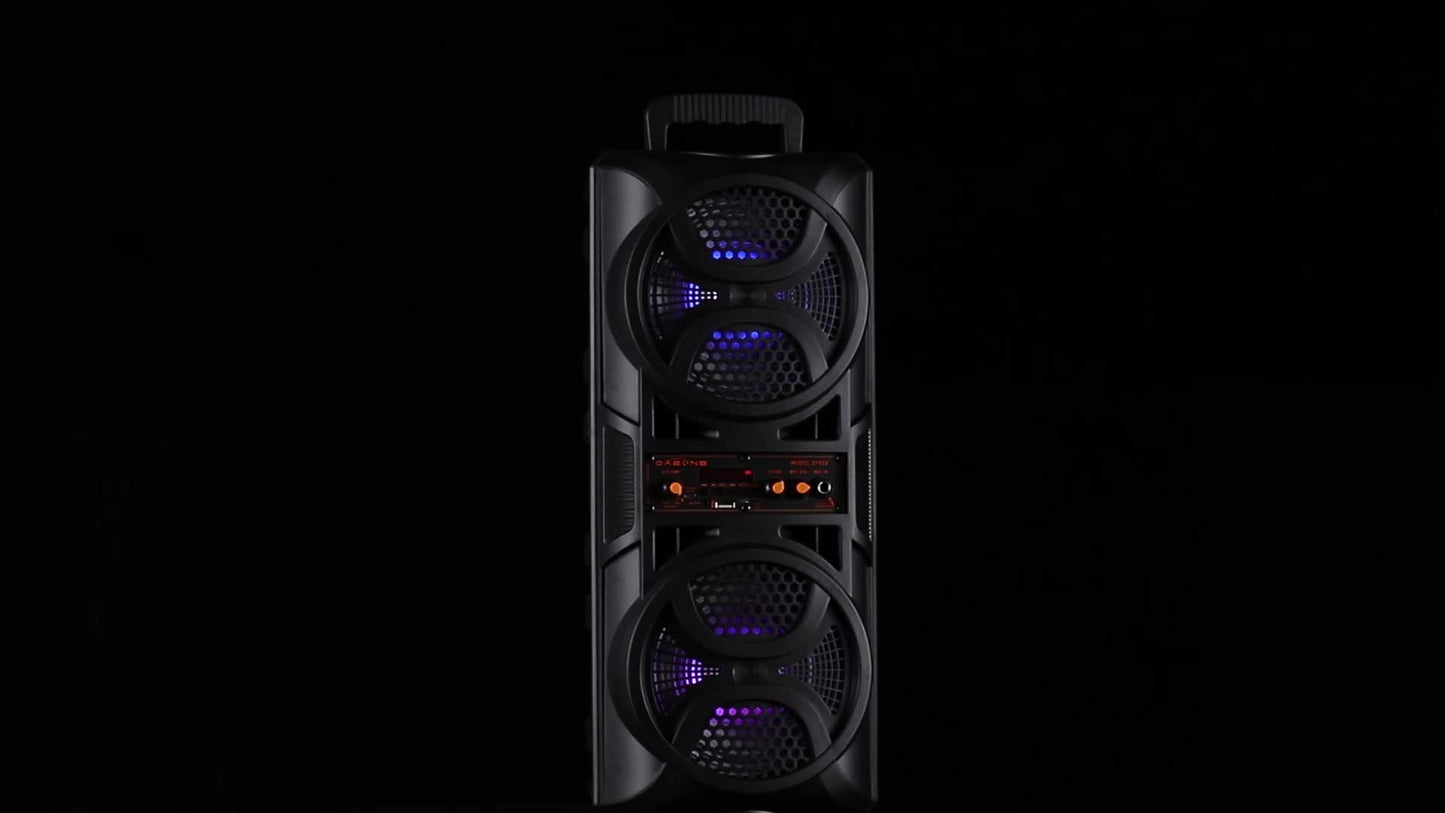 Portable PA Speaker with Dual Woofer & Disco LED Lights - Bluetooth Subwoofer, FM Radio, AUX USB Mic Guitar Input, Wired Microphone & Remote Control, 1800mAh Battery, Indoor Outdoor Party