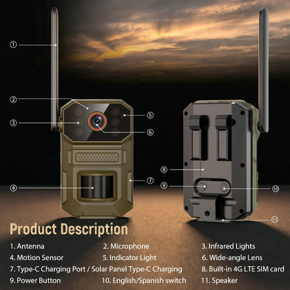 Solar Cellular Trail Camera 1920P No WiFi – 4G LTE Wildlife & Property Monitoring, PIR Motion Sensor, Infrared Night Vision, Two-Way Voice, IP65 Waterproof, Remote Access & 2-Year Replacement Warranty