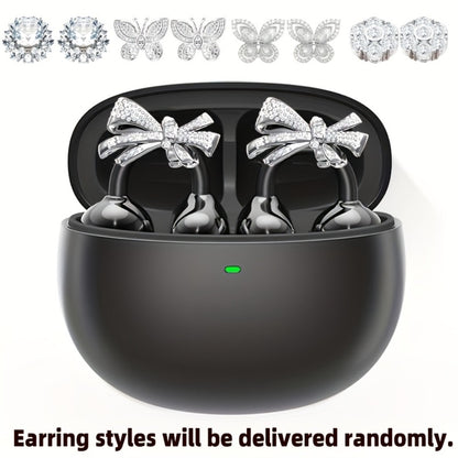 Clip On Wireless Earbuds Open Ear Bluetooth Headphones with Detachable Gemstone Earrings ANC Noise Reduction HD Stereo Hands-Free for Sports Exercise Work Study Outdoors