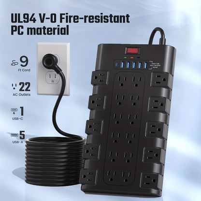 Gaming Room Surge Protector Power Strip 28-in-1 with 22 AC Outlets 6 USB Ports 24W 2100 Joules 1875W 15A Flat Plug Wall Mount Switch 5 7 13ft Extension Cord for Home Office Dorm Gaming Setup – Black