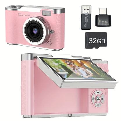 1080P Vlogging Camera for Beginners with 32GB Card 2.4 Inch LCD Screen Rechargeable Digital Camera for Photos Videos Webcam Use Compact Point and Shoot Camera Gift for Teens Kids Adults White Black Pink