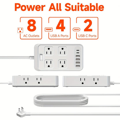 One-Touch Switch Desk Charging Station 14-in-1, 8 Widely Distributed AC Outlets & 6 USB Ports (4 USB-A + 2 USB-C), Surge Protection, Compact Portable Power Strip for Home Office Desktop – Safe & Organized