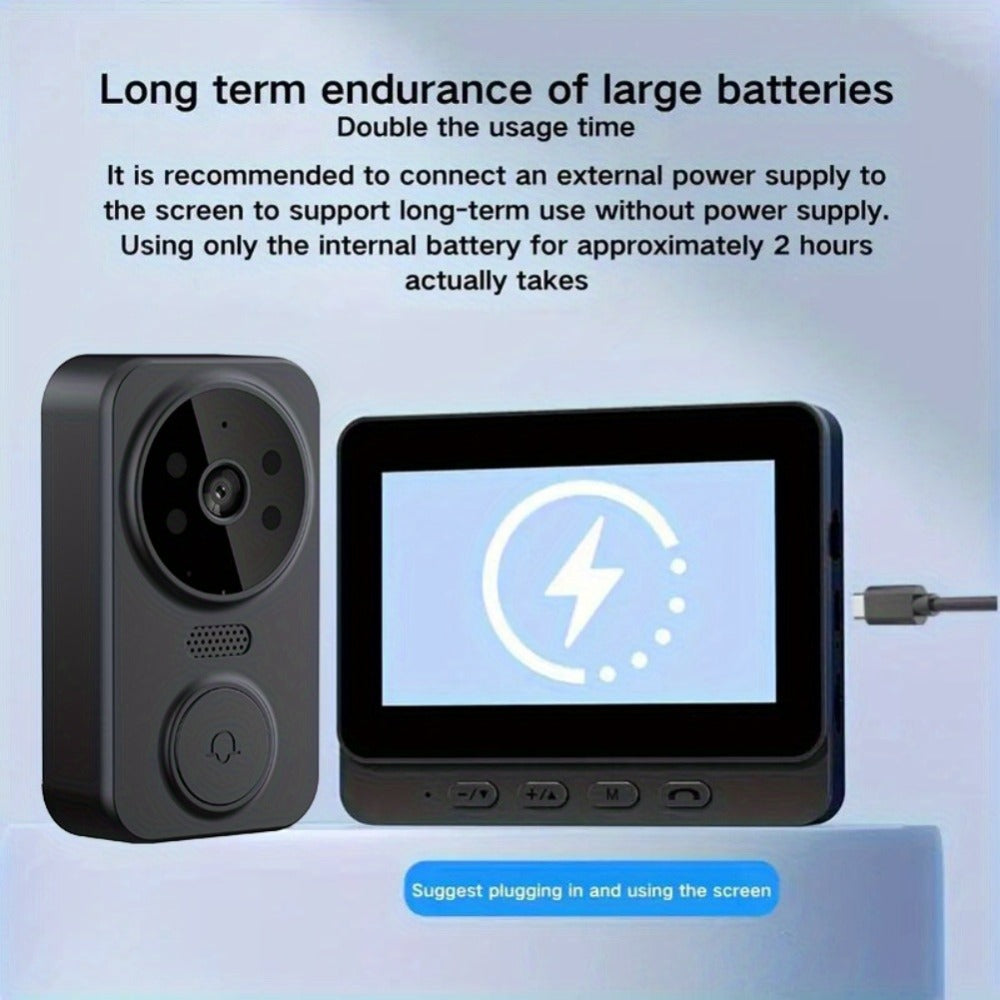 1296P Video Doorbell with 4.3" Indoor Monitor & Local SD Storage - No WiFi No App Required, Two-Way Audio, IR Night Vision, 1200mAh 2-Month Battery, 120° Wide Angle, One-Key Pairing, Black