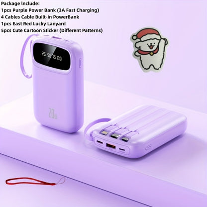 Portable Charger 10000mAh with Built-In 3 Cables Lightning USB-C Micro-USB 22.5W Super Fast Charging Cute Cartoon Mini Power Bank for iPhone Android Travel Backup Battery – Purple Black Red White