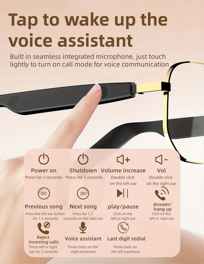 Stereo Smart Audio Glasses Touch Control Intelligent Noise Reduction Type-C Rechargeable Ultra-Long Standby Clear Calls Fashionable Wireless Eyewear for Travel Daily Use Unisex