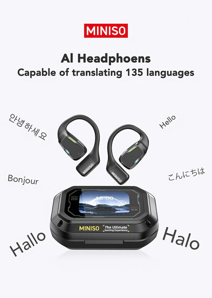 AI Translation Wireless Earbuds Real-Time 135 Languages Open-Ear Design Full-Color Touch Screen Gaming Headset Bluetooth for Travel Business Study iOS Android