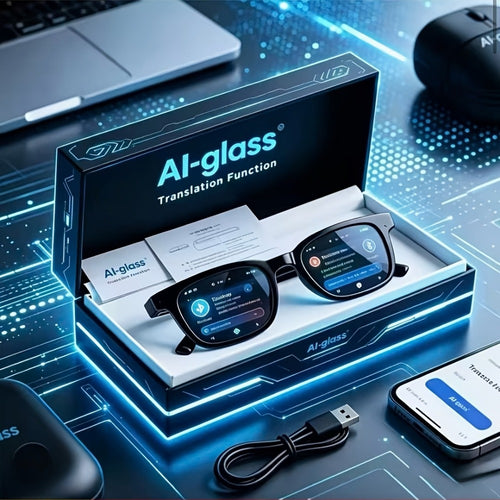 AI Translation Glasses with Real-Time Interpreter & Meeting Notes Summary – High-Speed WiFi, Smart Earphones, Stylish Glass Lens Wearable AI Device for Business Travel Multilingual Professionals