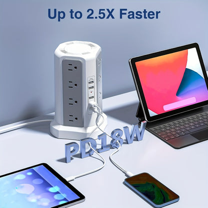 PD18W USB-C Power Strip Tower 21-in-1, 16 AC Outlets & 5 USB Ports, 1500J Surge Protector, Angled Flat Plug, 6ft 13A Extension Cord, Fast Charging Desktop Power Tower for Home Office Dorm – White