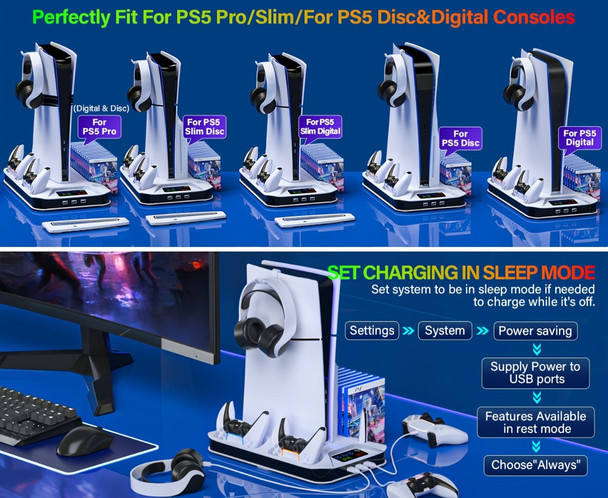 PS5 Pro Slim Cooling Station with Controller Charging Station for PS5/Slim/Pro Standard & Disc/Digital Console, Stand Cooler Accessories with Cooling Fan, 3 USB Hubs, Headset Holder & Screw Included