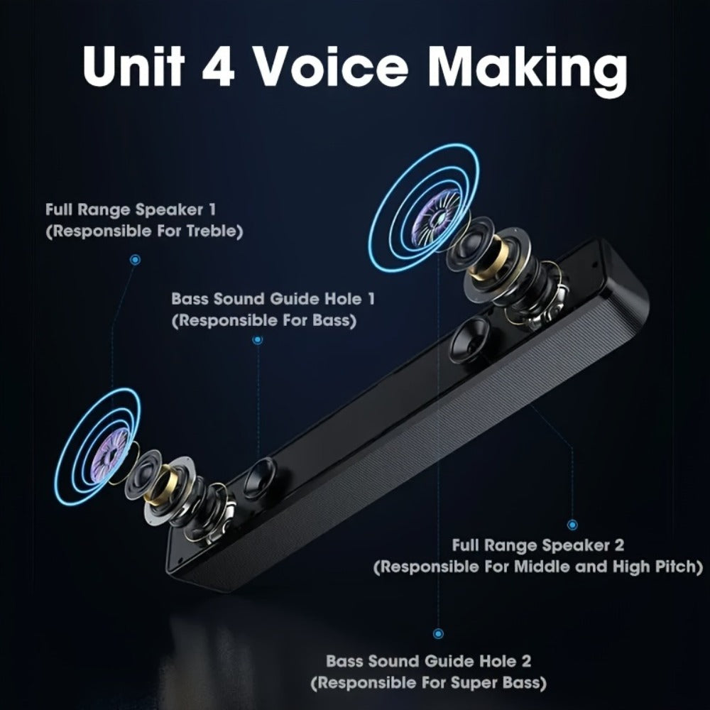 USB Wired Desktop Speaker Bar with 4D Audio Effect & Blue LED - Anti-Magnetic Stereo Sound, 3.5mm AUX Input, Independent Volume Control, for PC Laptop Computer Home Office