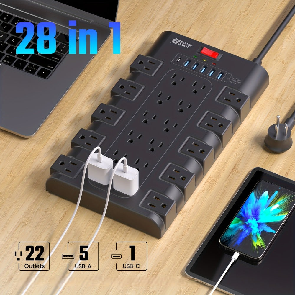 Heavy Duty Surge Protector Power Strip 28-in-1 with 22 Spacious AC Outlets USB-C PD 45W 2100 Joules Flat Plug Wall Mount 5-13Ft Extension Cord Multi-Outlet Power Bar with Control Switch for Home Office – Black