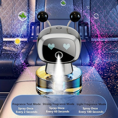 Robot Car Air Freshener USB Rechargeable – AI Expression Display, Auto Spray Synced to Car Start/Stop, 4-Level Fragrance Intensity Control, Green Gardenia Scent, Vent Clip Diffuser, Cute Car Decoration Gift