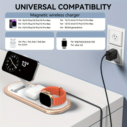 Samsung & iPhone 3-in-1 Wireless Charging Station Foldable 15W Fast Charger for iPhone 17/16/15/14/13/12, Apple Watch Ultra 2/Series 10/9/SE, AirPods Pro 4/3/2 & Samsung Galaxy S25/S24/S23 – 4 Colors Black Gold Silver Blue