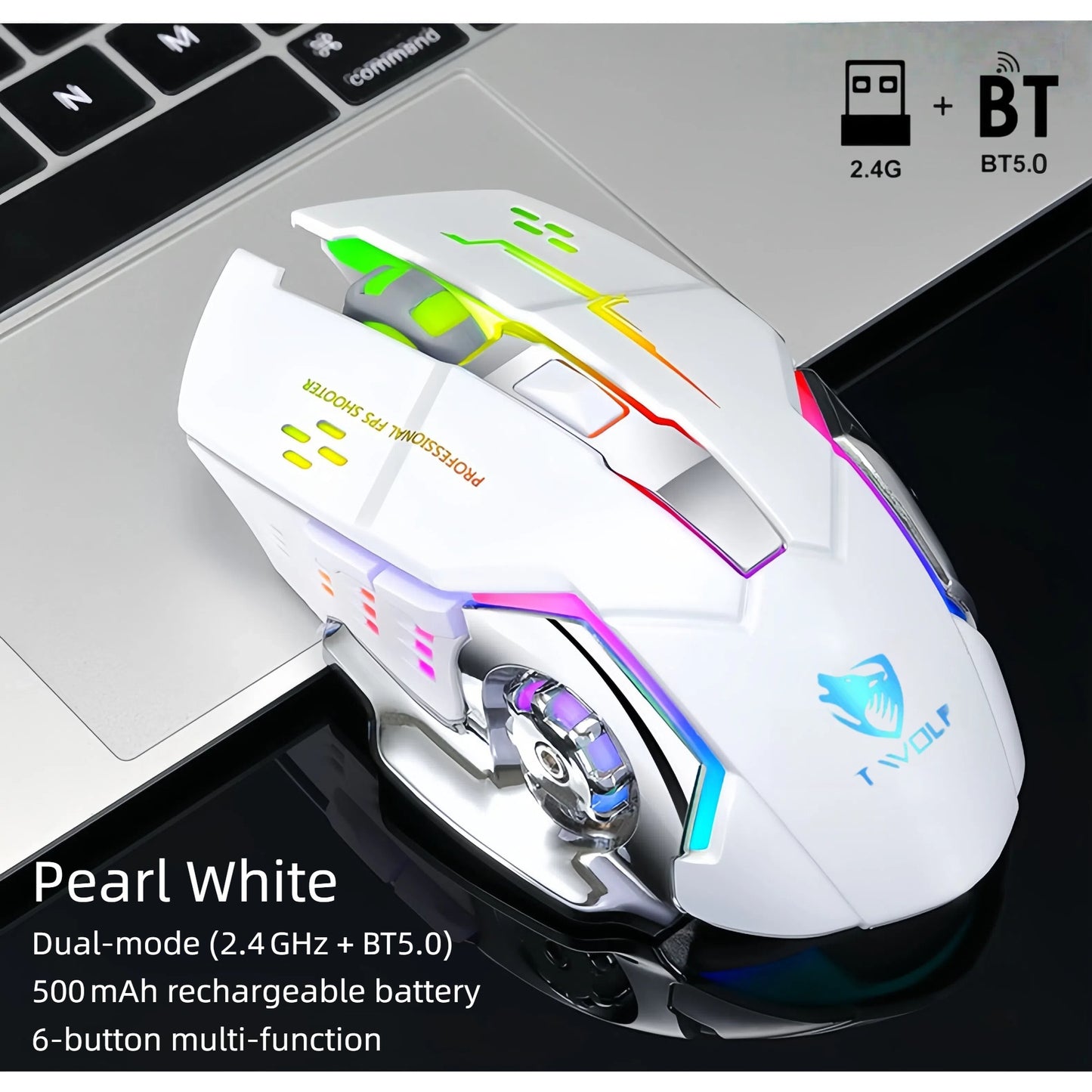 Bluetooth 5.0 2.4G Dual Mode Wireless RGB Gaming Mouse Silent 6 Button Ergonomic USB-C Rechargeable Breathing Light for PC Laptop Mac Tablet Office Gaming Tech Black Star Black White Gray