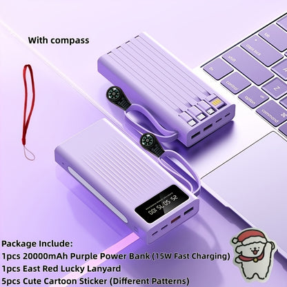 30000mAh Large Capacity Power Bank 15W Fast Charging with 4 Built-In Cables & 4-Mode Camping Light, Business Minimalist Portable Charger 10000mAh 20000mAh Compatible with iPhone Android – Black Purple White