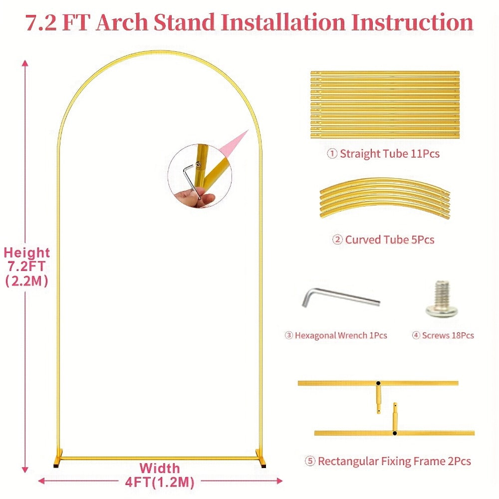 Metal Arch Backdrop Stand Set of 2 (7.2FT + 6FT) – Gold Wedding Arch Frame for Balloon & Flower Decoration, Ideal for Wedding Ceremony, Baby Shower, Birthday Party & Holiday Events