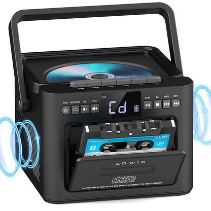 Portable Boombox CD Player with Cassette Tape, FM Radio & MP3 Player, HiFi Stereo Speaker System, 5000mAh Rechargeable Battery, USB AUX TF Card Playback, Retro All-in-One Audio System Gift