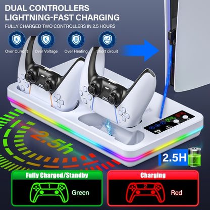 PS5 Cooling Stand with Dual Controller Charging Dock – Compatible with PS5/Slim/Pro Standard & Digital Edition, 3-Speed Fan, 10 RGB Lights & USB Hub, PlayStation 5 Gaming Accessories