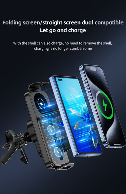 Folding Phone Dual Coil Wireless Car Charger 15W Auto-Clamping 90° Rotation – Car Mount for Samsung Galaxy Z Fold 6 5 4 3, Z Flip 5 4, iPhone 16 15 14 13 12 & Google Pixel 8 7 | Air Vent & Console Stand